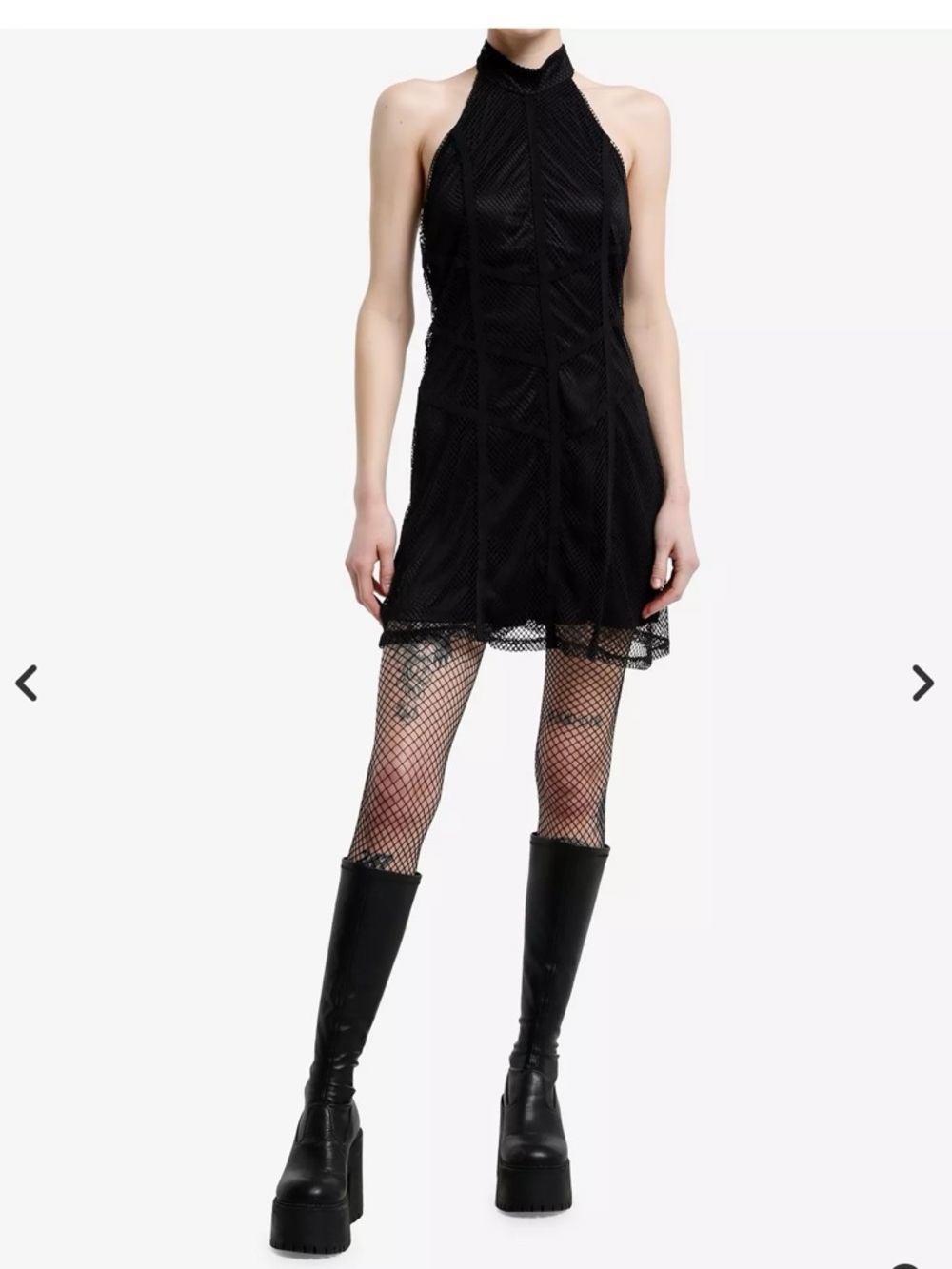 Cosmic Aura Fishnet Halter Dress - Black